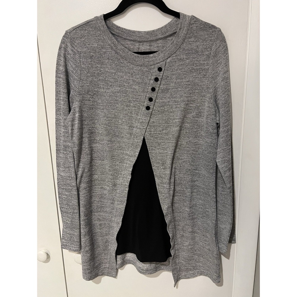 Shein Womens Large Gray Black Long Sleeve Button Design Faux Open Front Light